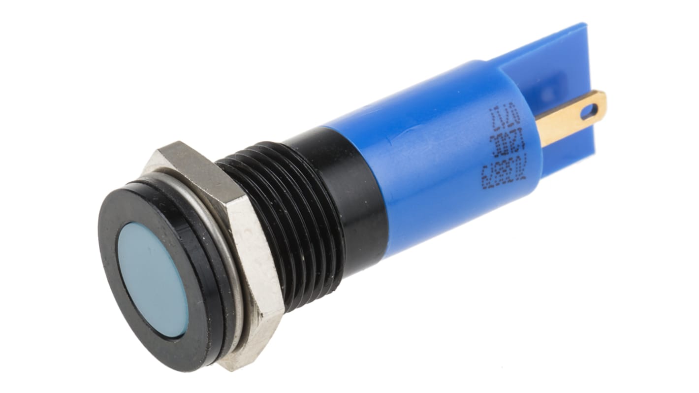 RS PRO Blue Panel Mount Indicator, 12V dc, 14mm Mounting Hole Size, Solder Tab Termination, IP67