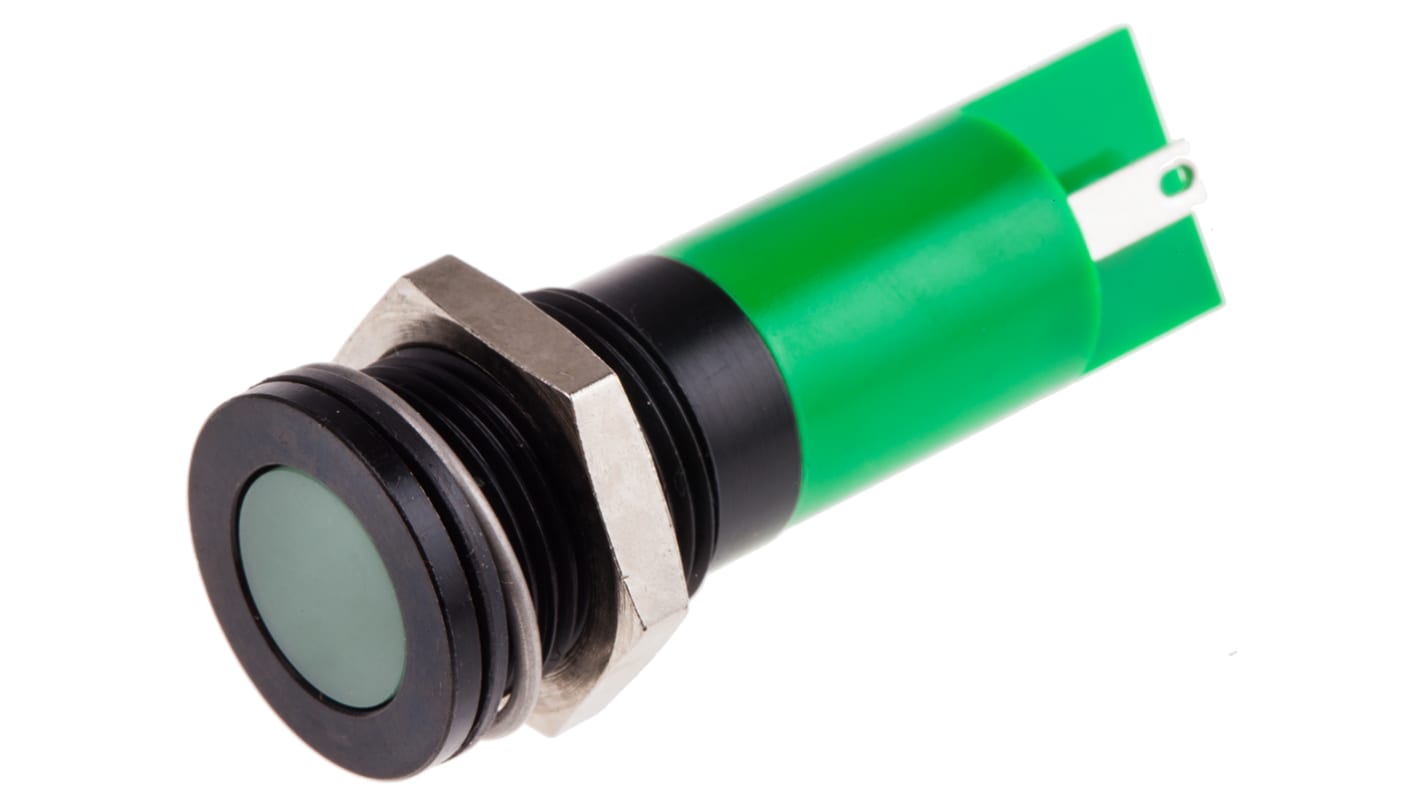 RS PRO Green Panel Mount Indicator, 24V dc, 14mm Mounting Hole Size, Solder Tab Termination, IP67