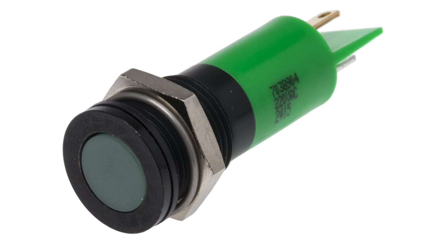 RS PRO Green Panel Mount Indicator, 220V ac, 14mm Mounting Hole Size, Solder Tab Termination, IP67