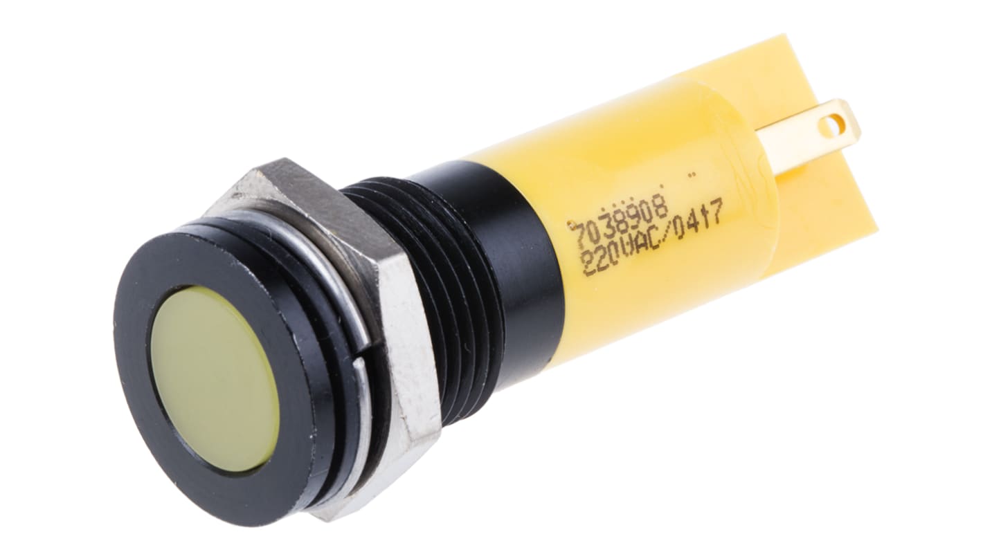 RS PRO Yellow Panel Mount Indicator, 220V ac, 14mm Mounting Hole Size, Solder Tab Termination, IP67