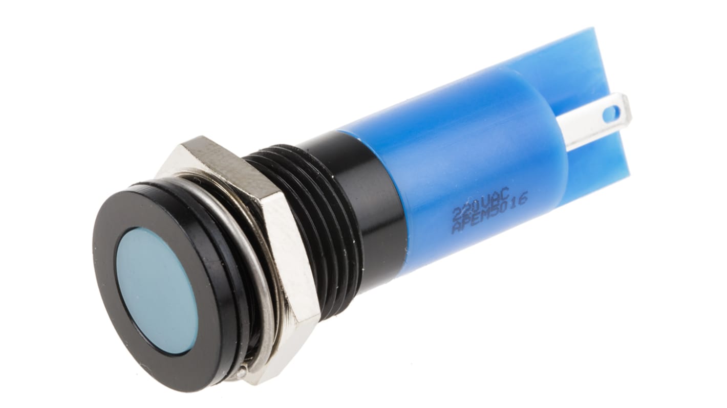 RS PRO Blue Panel Mount Indicator, 220V ac, 14mm Mounting Hole Size, Solder Tab Termination, IP67