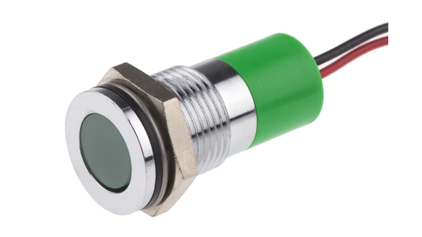 Indicatore da pannello RS PRO Verde  a LED, 12V cc, IP67, A filo, foro da 14mm