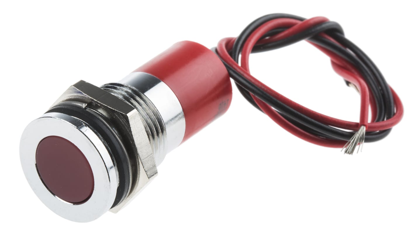 Indicador LED RS PRO, Rojo, lente enrasada, marco Cromo, Ø montaje 14mm, 12V dc, 20mA, 10mcd, IP67