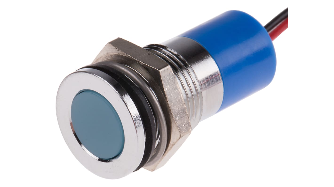 RS PRO Blue Panel Mount Indicator, 12V dc, 14mm Mounting Hole Size, Lead Wires Termination, IP67