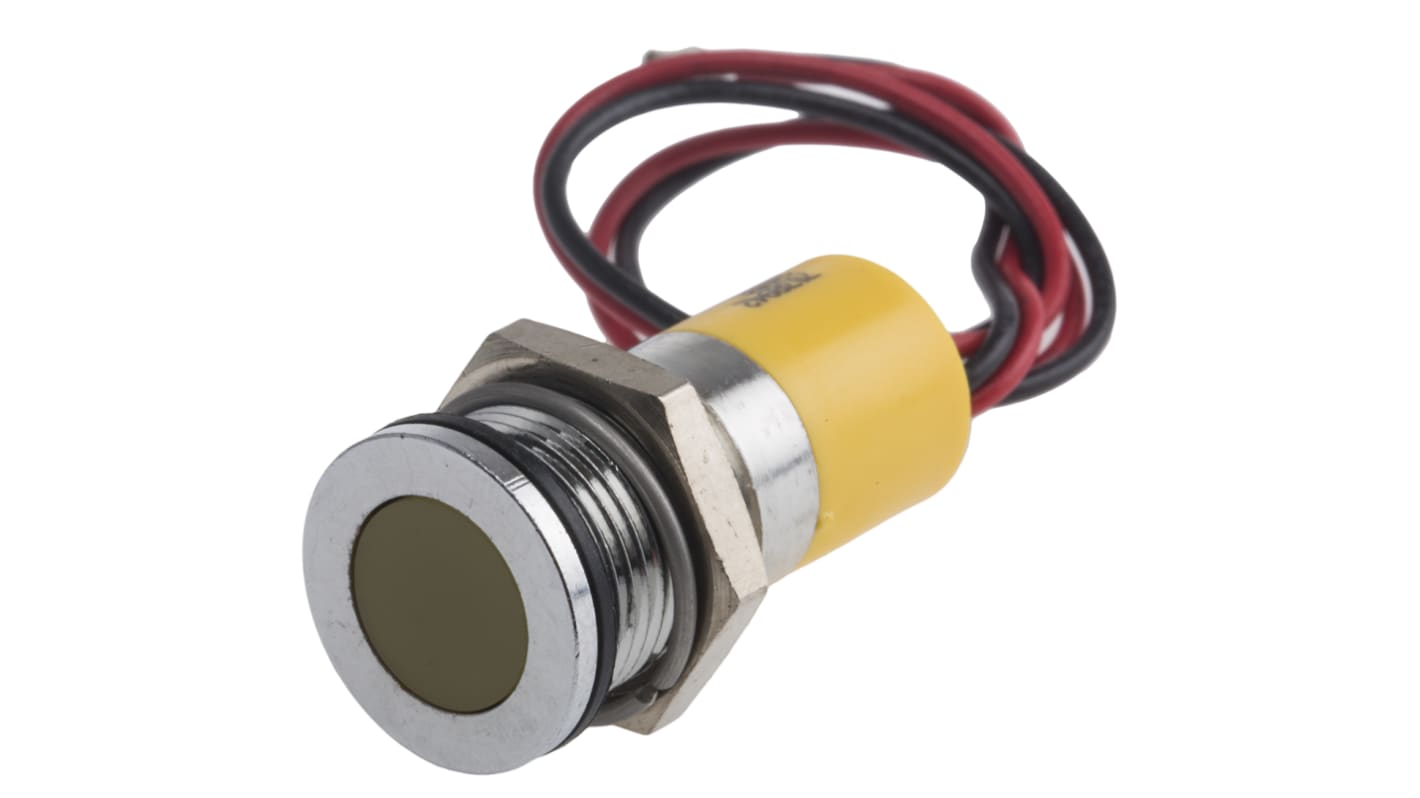 Indicador LED RS PRO, Amarillo, lente enrasada, marco Cromo, Ø montaje 14mm, 24V dc, 20mA, 4mcd, IP67