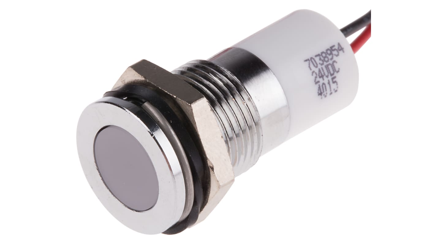 Indicador LED RS PRO, Blanco, lente enrasada, marco Cromo, Ø montaje 14mm, 24V dc, 20mA, 20mcd, IP67