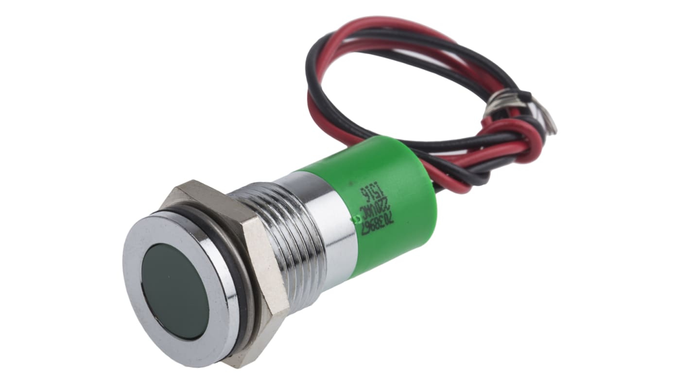 RS PRO Green Panel Mount Indicator, 220V ac, 14mm Mounting Hole Size, Lead Wires Termination, IP67