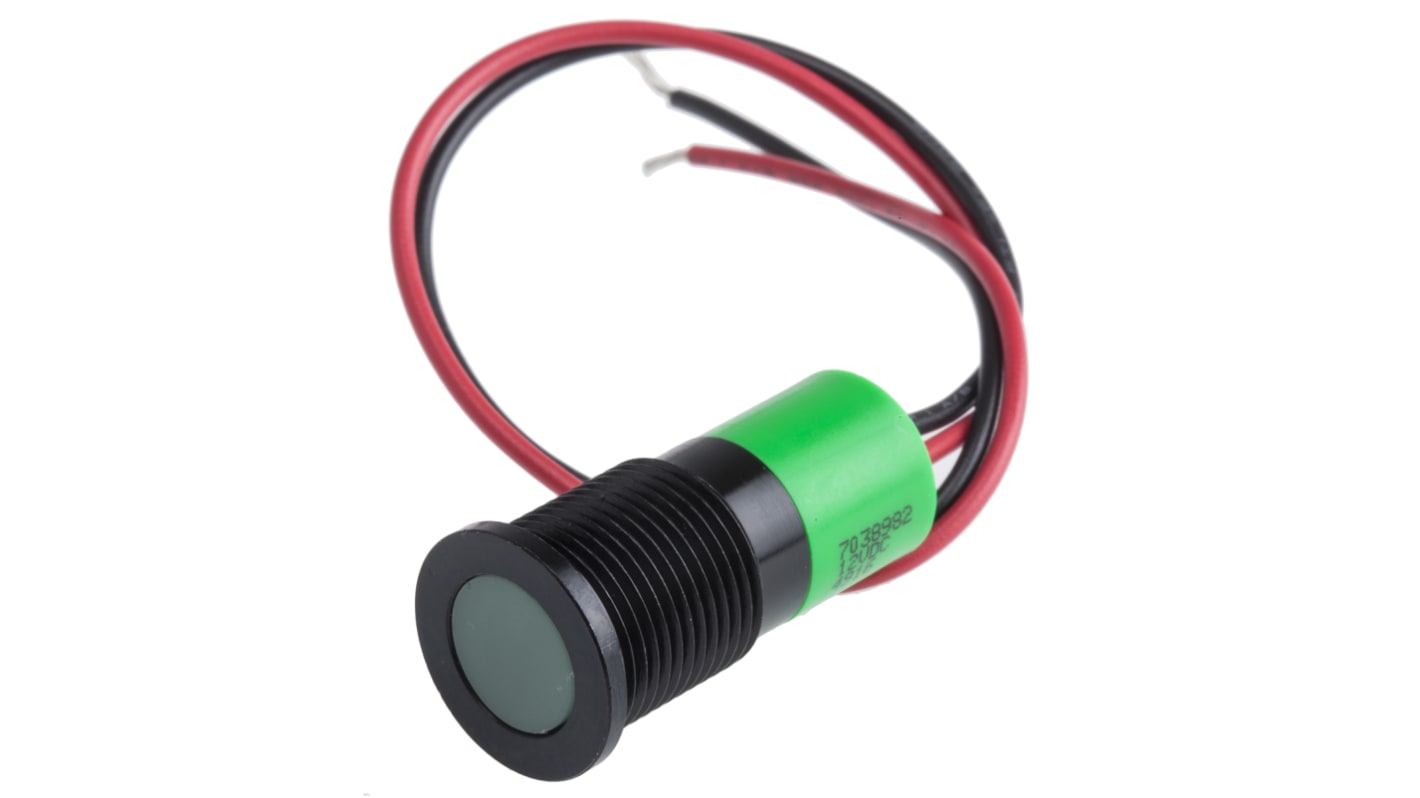 RS PRO Green Panel Mount Indicator, 12V dc, 14mm Mounting Hole Size, Lead Wires Termination, IP67