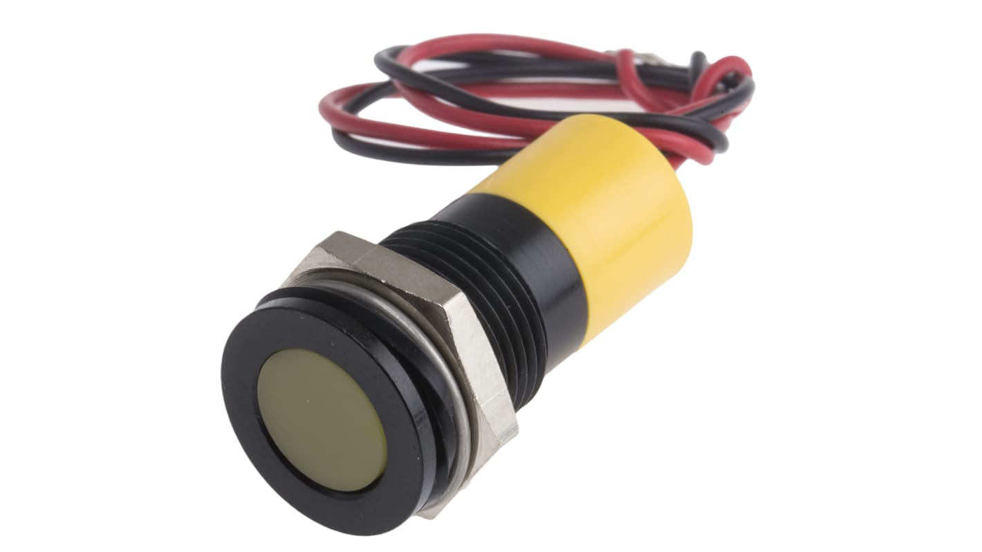 RS PRO Yellow Panel Mount Indicator, 12V dc, 14mm Mounting Hole Size, Lead Wires Termination, IP67