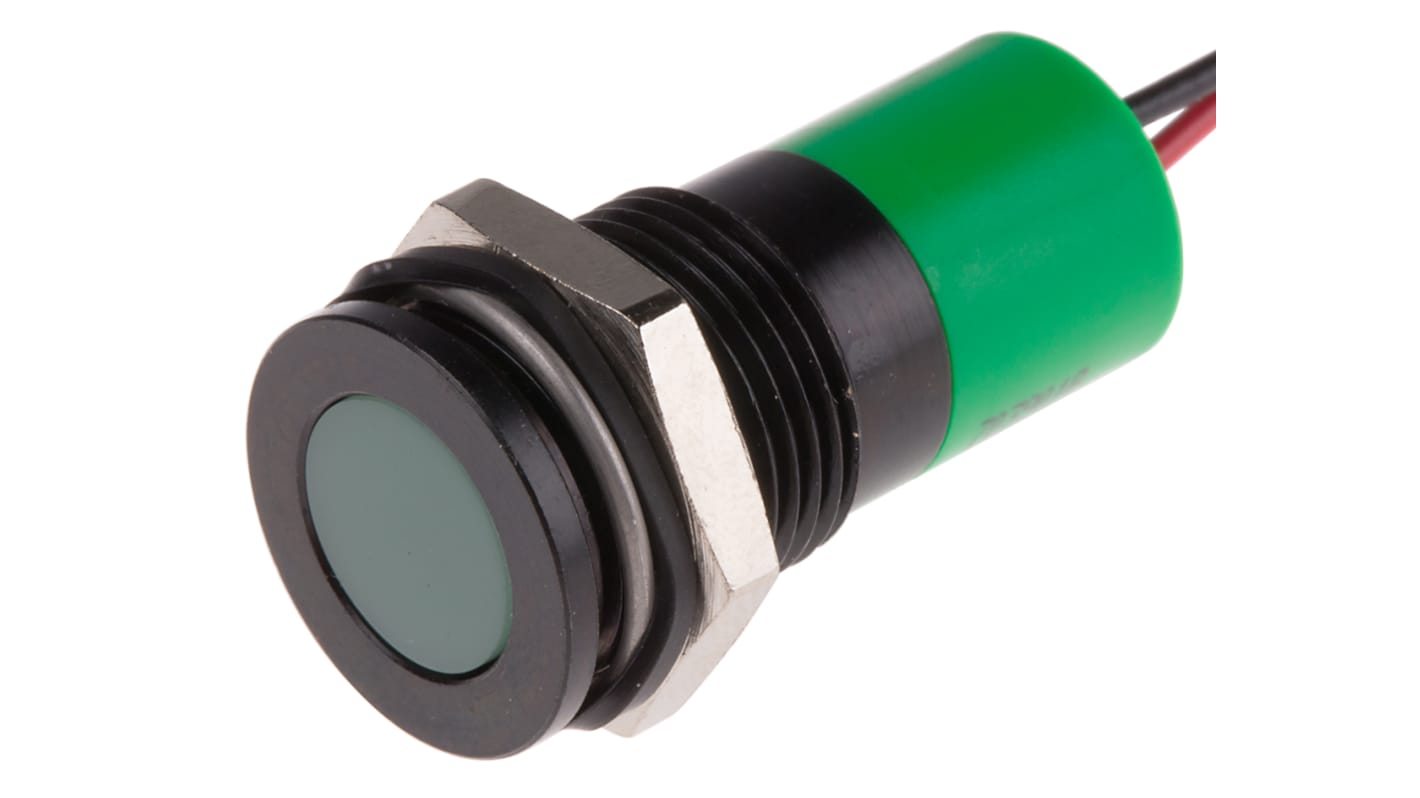 RS PRO Green Panel Mount Indicator, 220V ac, 14mm Mounting Hole Size, Lead Wires Termination, IP67