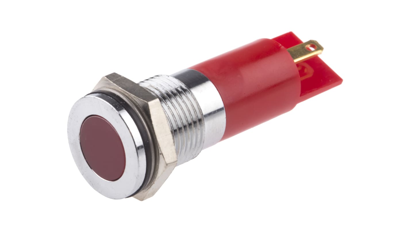 Indicador LED RS PRO, Rojo, lente enrasada, marco Cromo, Ø montaje 14mm, 6 → 36V dc, 20mA, 10mcd, IP67