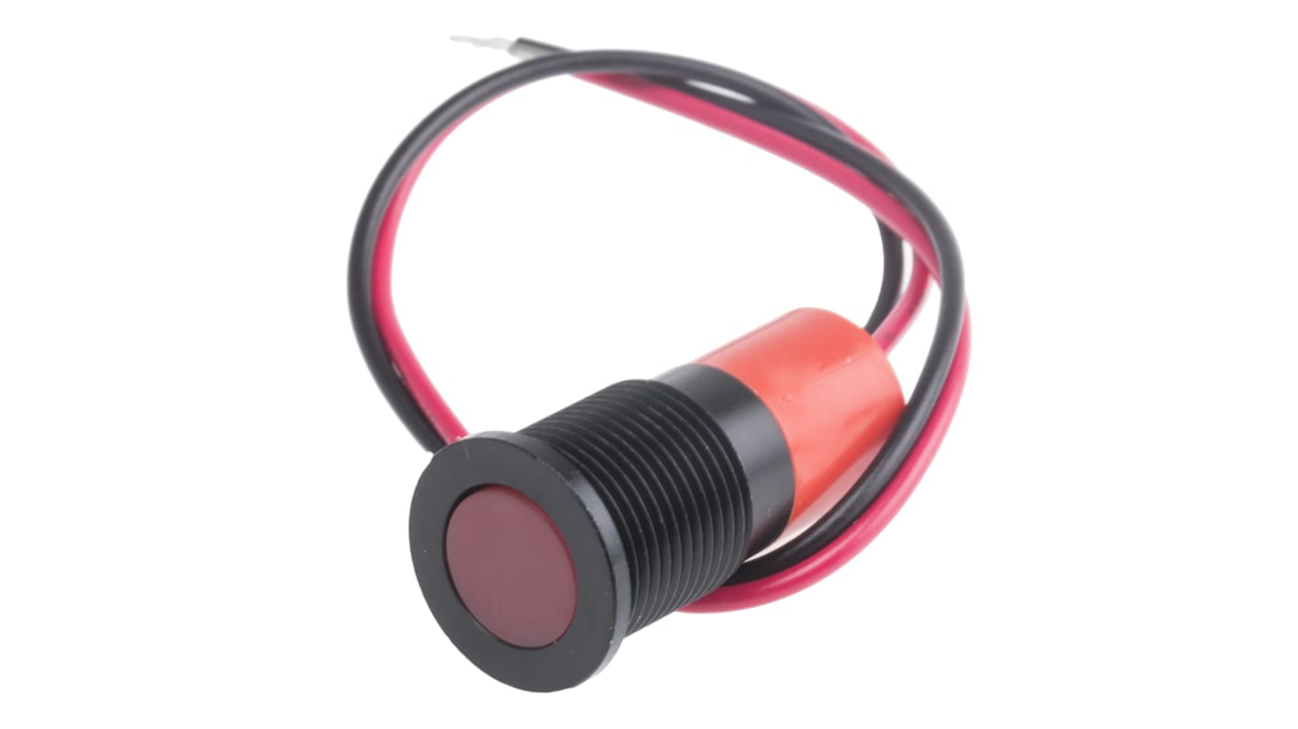 Indicador LED RS PRO, Rojo, lente enrasada, Ø montaje 14mm, 6 → 36V dc, 20mA, 10mcd, IP67