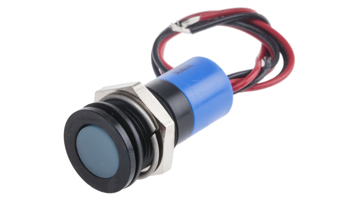 RS PRO Blue Panel Mount Indicator, 6 → 36V dc, 14mm Mounting Hole Size, Lead Wires Termination, IP67