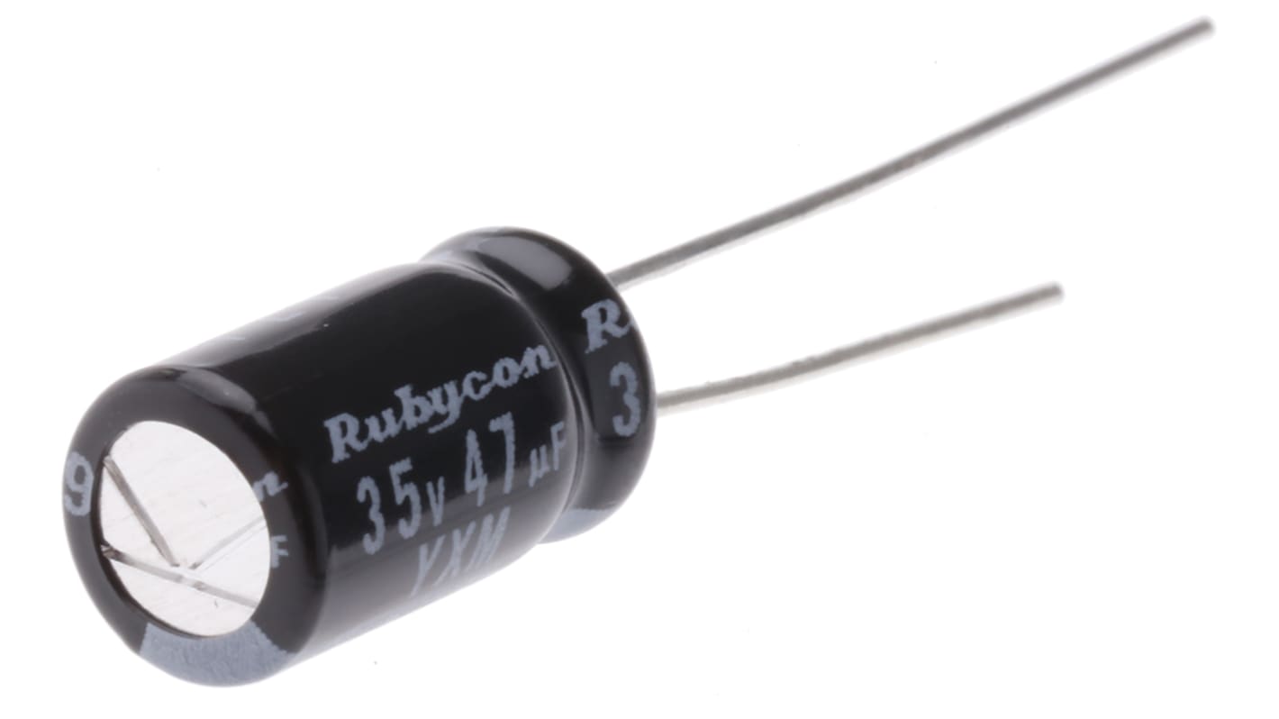 Condensador electrolítico Rubycon serie YXM, 47μF, ±20%, 35V dc, Radial, Orificio pasante, 6.3 (Dia.) x 11mm, paso 2.5mm