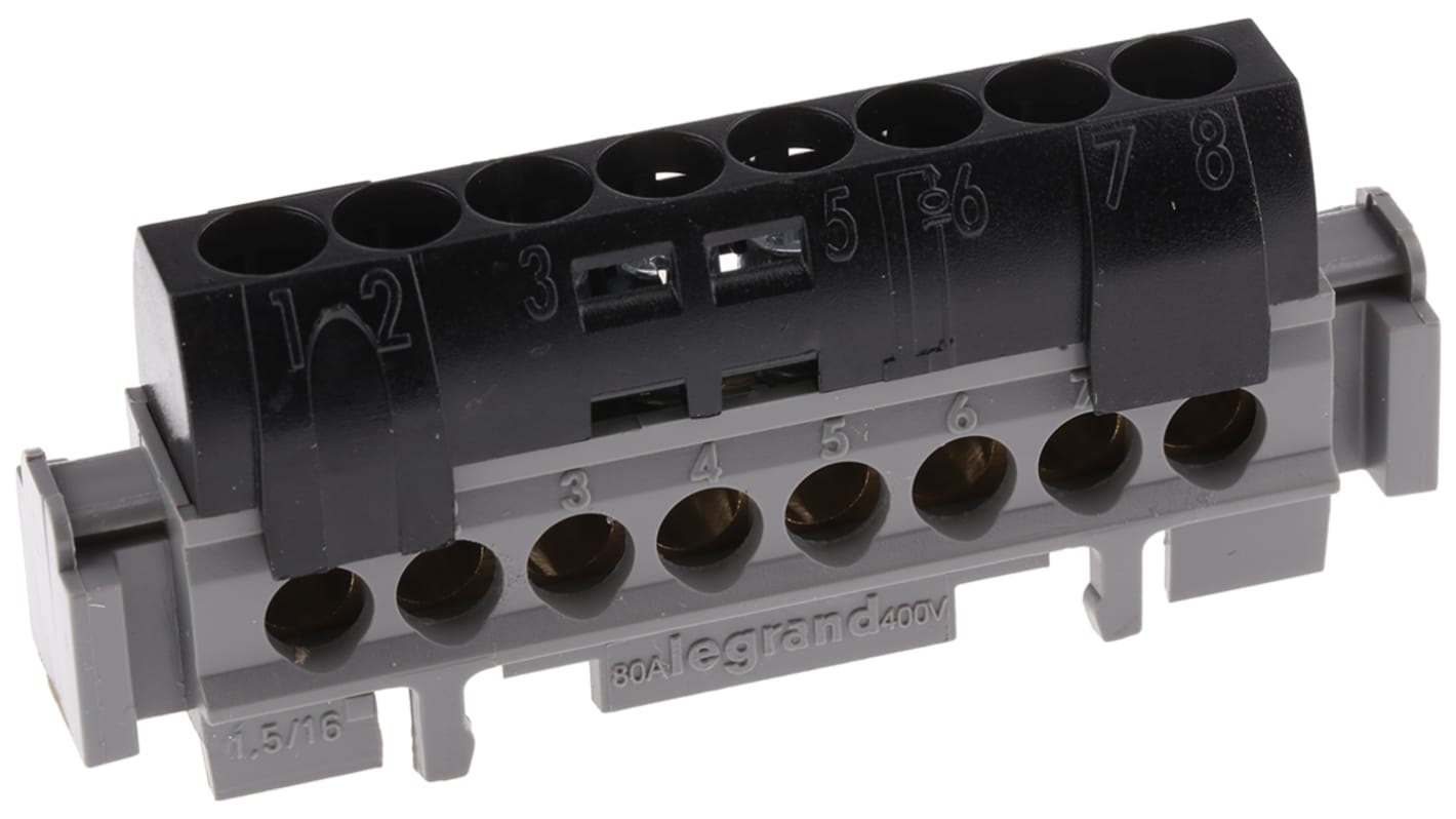 Legrand Distribution Block, 8 Way, 1.5 → 16mm², 80A, 400 V ac, Black