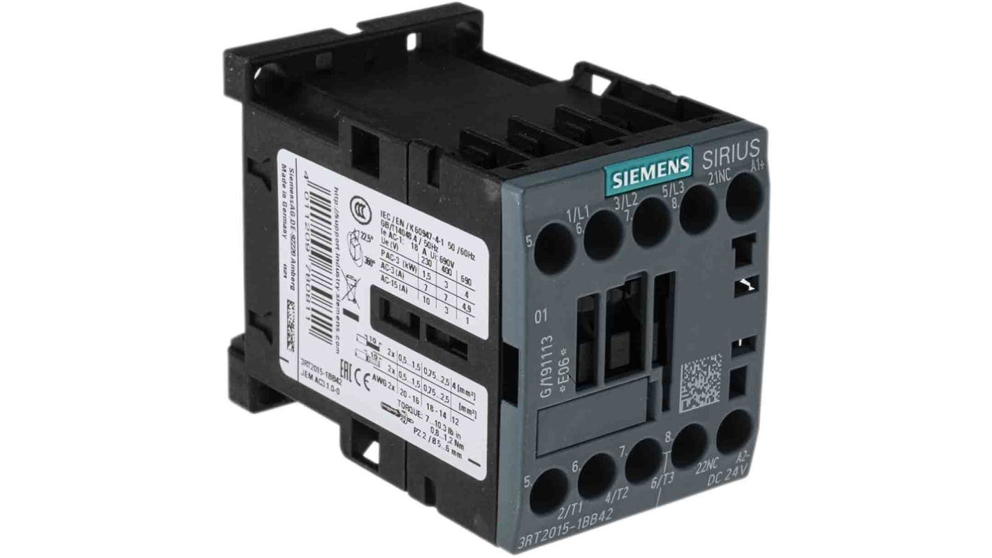 Siemens 3RT2 Series Contactor, 24 V dc Coil, 3-Pole, 7 A, 3 kW, 3NO, 400 V ac