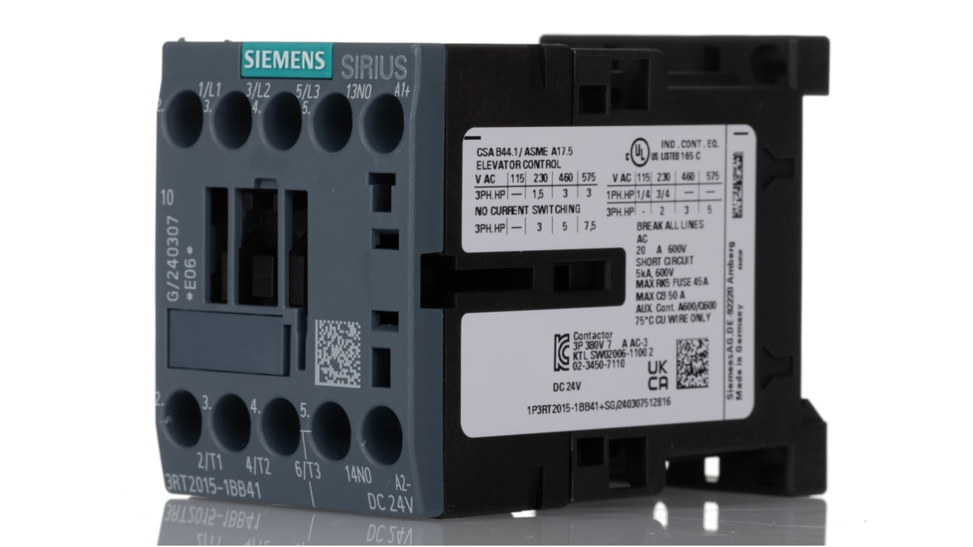 Siemens SIRIUS 3RT2 Contactor, 24 V dc Coil, 3-Pole, 7 A, 3 kW, 3NO, 400 V ac