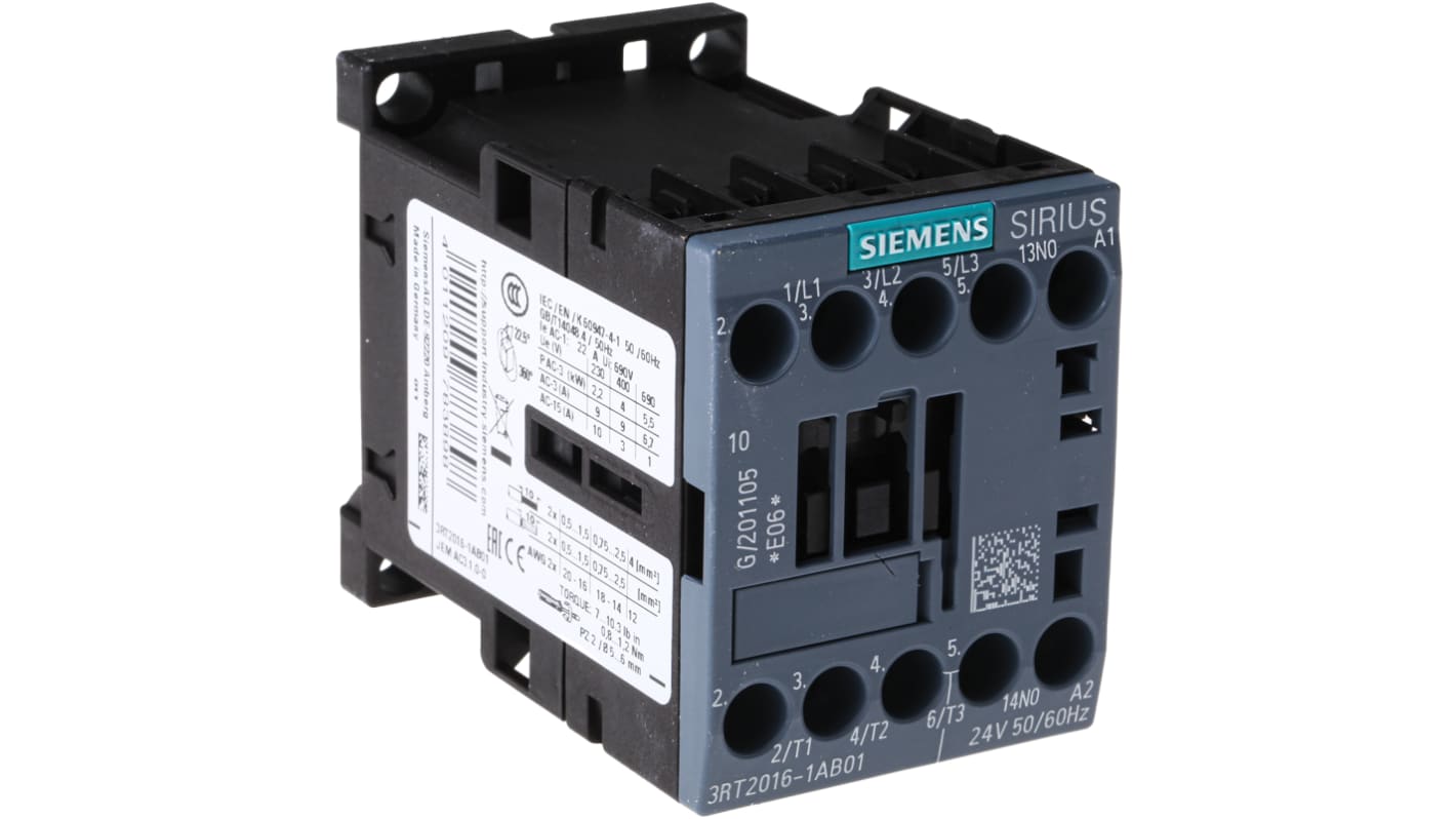 Siemens SIRIUS 3RT2 Contactor, 24 V ac Coil, 3-Pole, 9 A, 4 kW, 3NO, 400 V ac