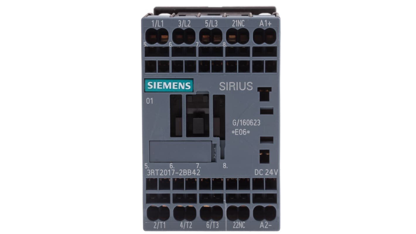 Contattore Siemens, serie 3RT2, 3 poli, 3NO, 12 A, 5,5 kW, bobina 24 V dc