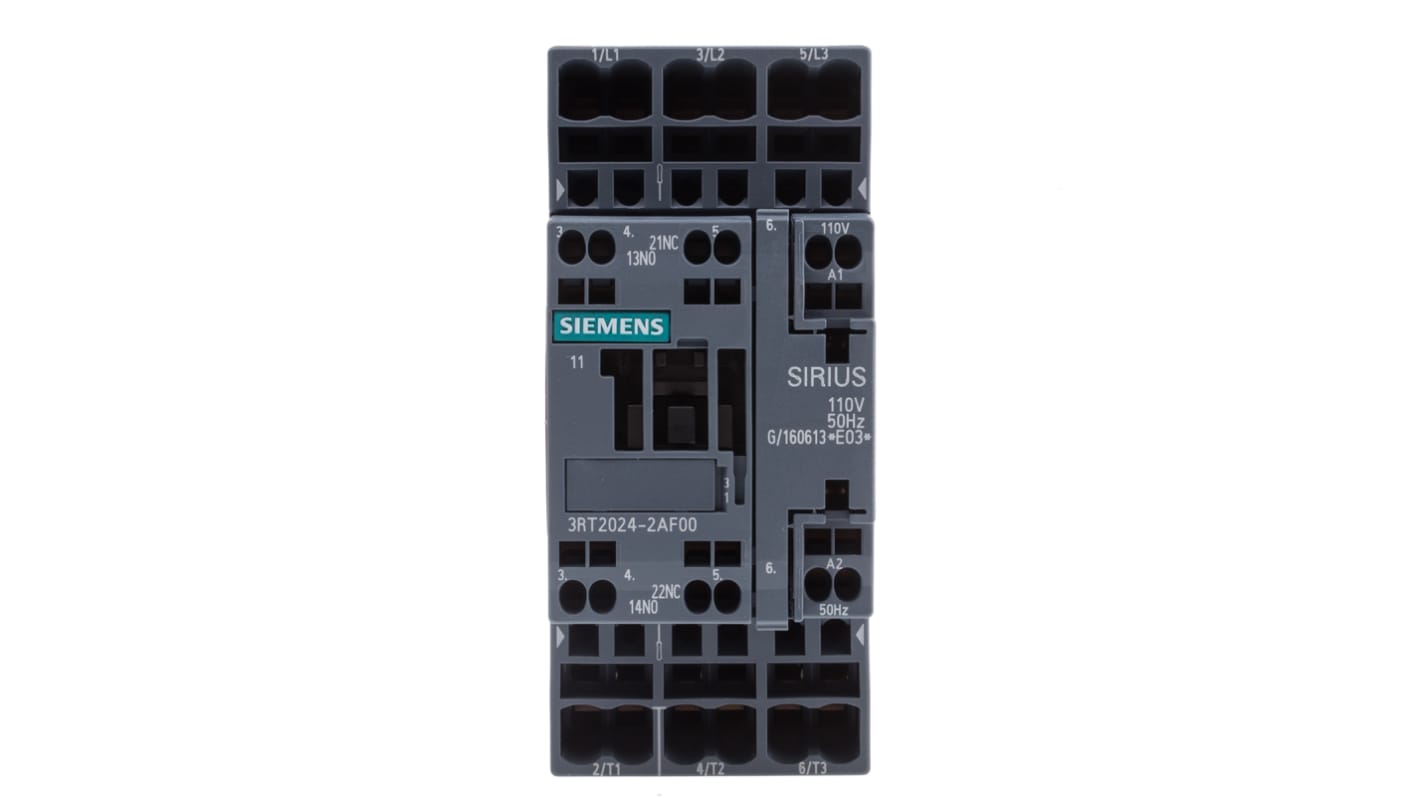 Siemens SIRIUS 3RT2 Contactor, 110 V ac Coil, 3-Pole, 12 A, 5.5 kW, 3NO, 400 V ac