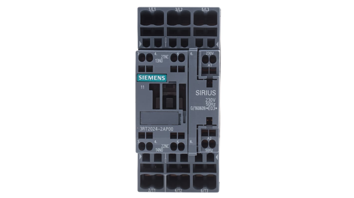 Contattore Siemens, serie 3RT2, 3 poli, 3 NA, 12 A, 5,5 kW, bobina 230 V c.a.