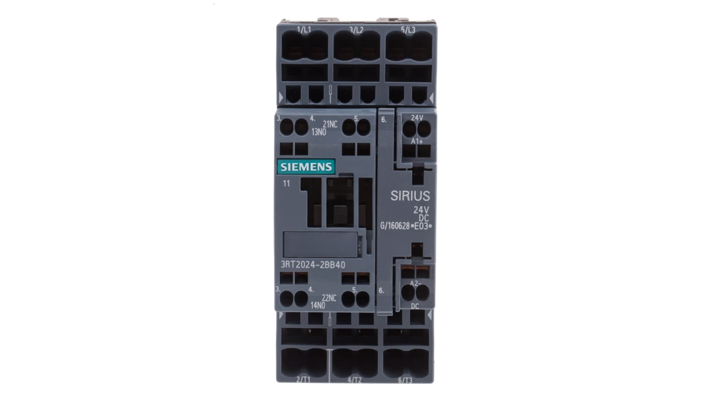 Siemens SIRIUS 3RT2 Leistungsschütz / 24 V dc Spule, 3 -polig 3 Schließer, 400 V ac / 12 A