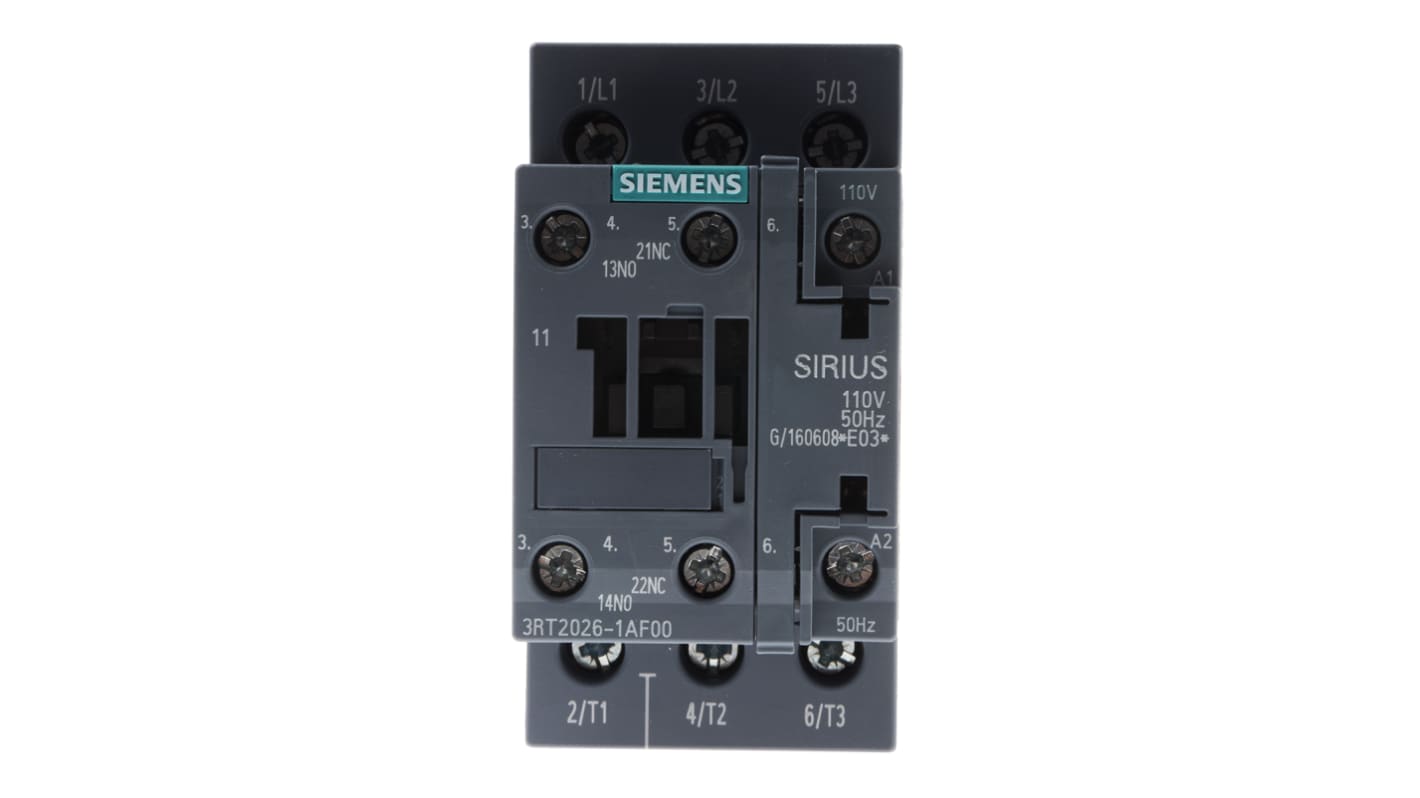 Contattore Siemens, serie 3RT2, 3 poli, 3 NA, 25 A, 11 kW, bobina 110 V c.a.