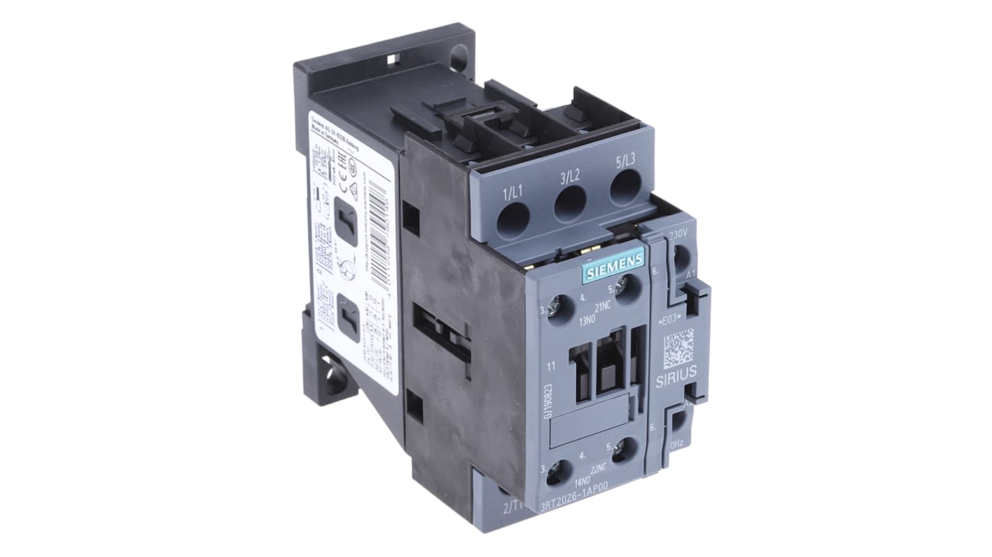 Contactor Siemens SIRIUS 3RT2 de 3 polos, 3 NA, 25 A, bobina 230 Vac, 11 kW