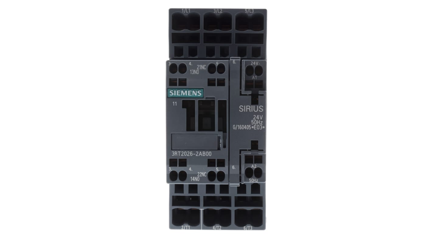 Contattore Siemens, serie 3RT2, 3 poli, 3 NA, 25 A, 11 kW, bobina 24 V c.a.