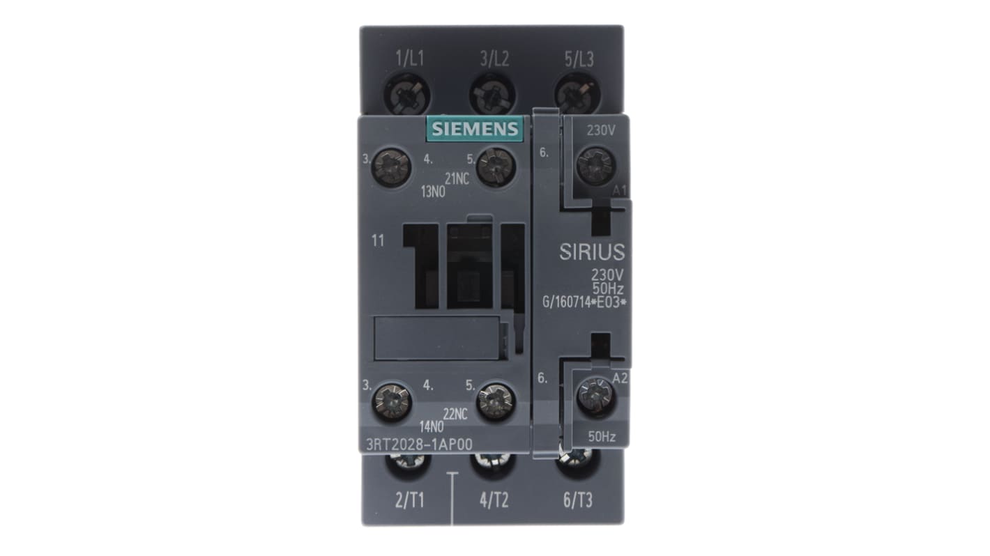 Siemens SIRIUS 3RT2 Leistungsschütz 230 V ac-Spule, 3 -polig , 400 V ac / 38 A 18,5 kW 3 Schließer 2-Hilfskontakte