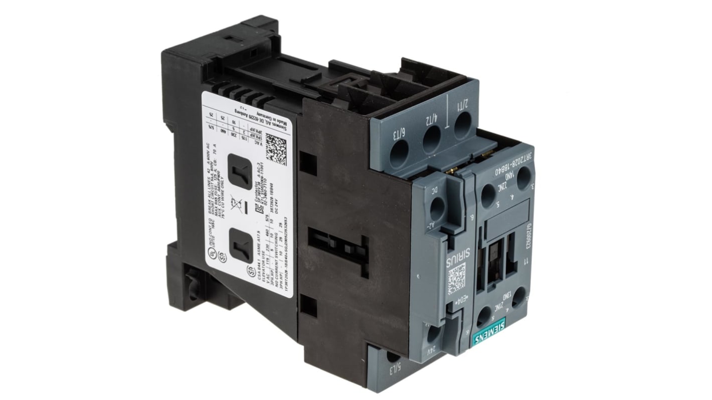 Contattore Siemens, serie 3RT2, 3 poli, 3NO, 38 A, 18,5 kW, bobina 24 V dc