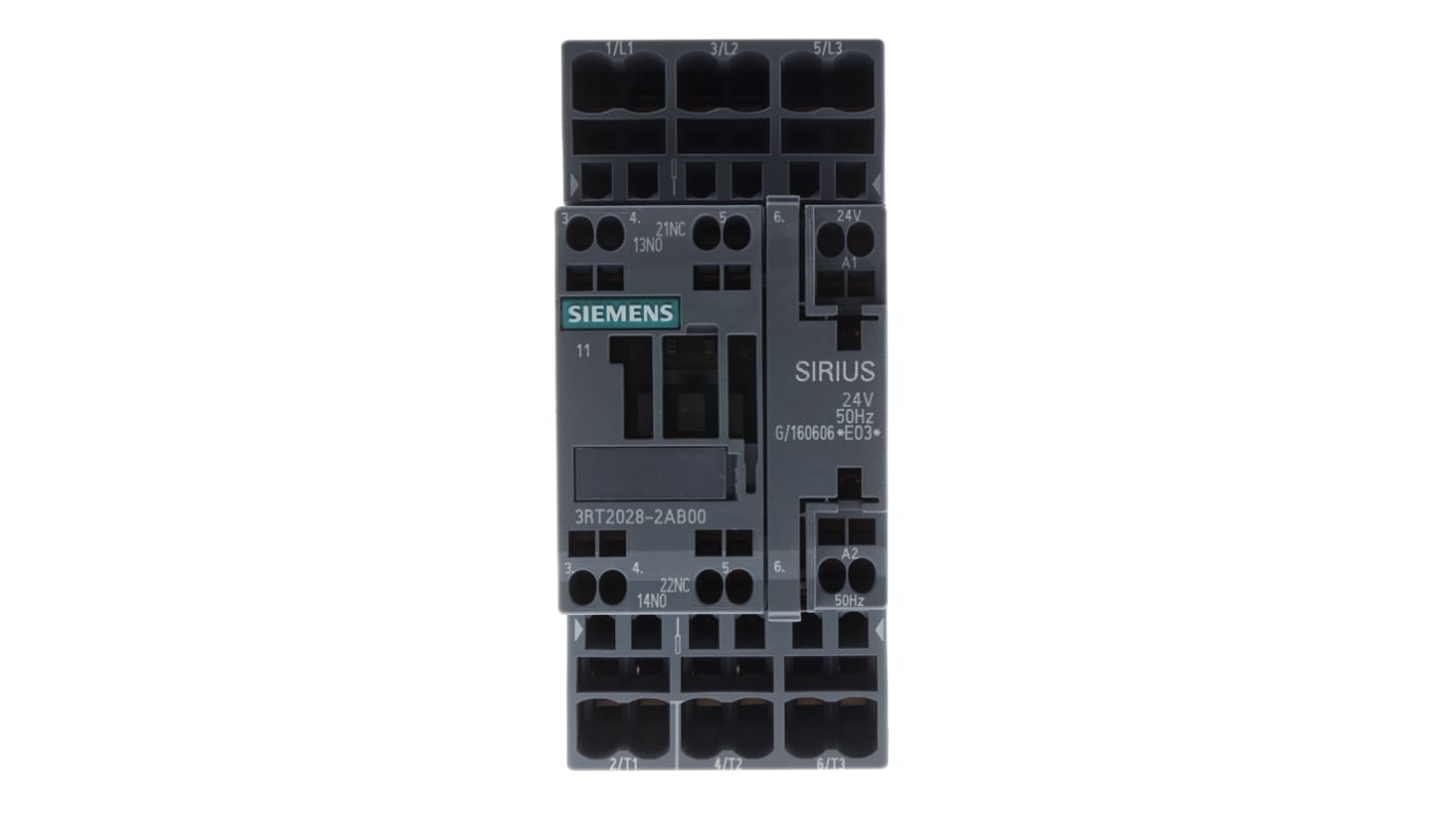 Siemens SIRIUS 3RT2 Contactor, 24 V ac Coil, 3-Pole, 38 A, 18.5 kW, 3NO, 400 V ac