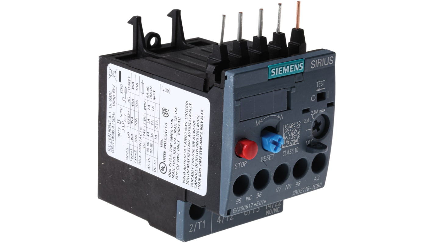 Siemens 3RU Overload Relay 1NO + 1NC, 1.8 → 2.5 A F.L.C, 2.5 A Contact Rating, 0.75 kW, 3P, SIRIUS Innovation