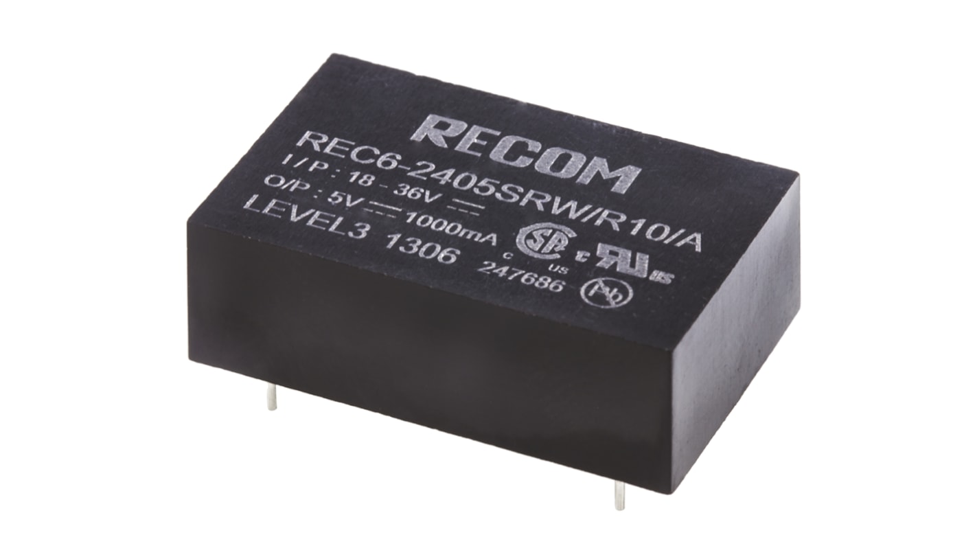 Convertisseur DC-DC Recom, REC6, Montage traversant, 6W, 1 sortie, 5V c.c., 1A