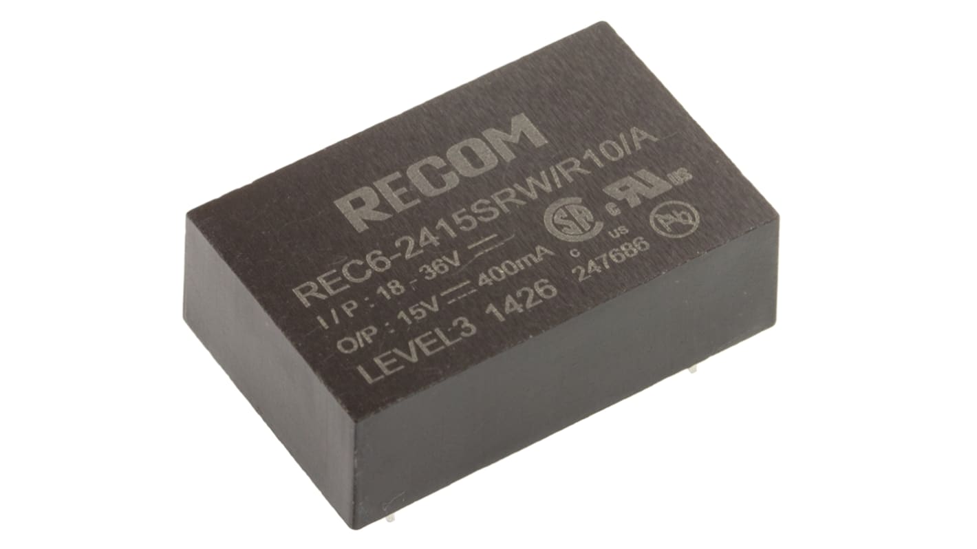 Recom DC-DC átalakító, KI: 15V dc, 400mA / 6W, BE: 18 → 36 V DC