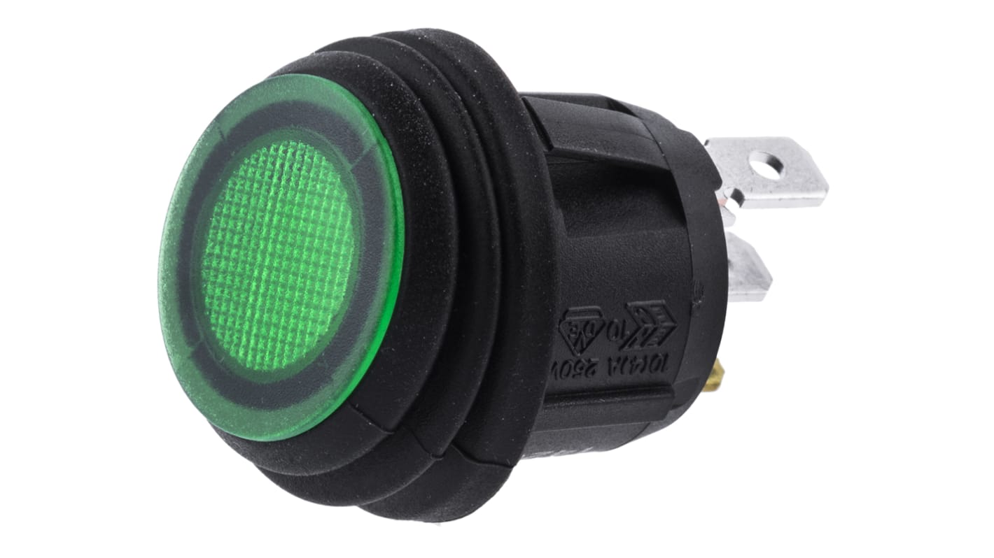 Interruptor de balancín, KCA2AEA2GBB, Contacto SPST, On-Off, 16 A, Iluminado, Verde, IP56