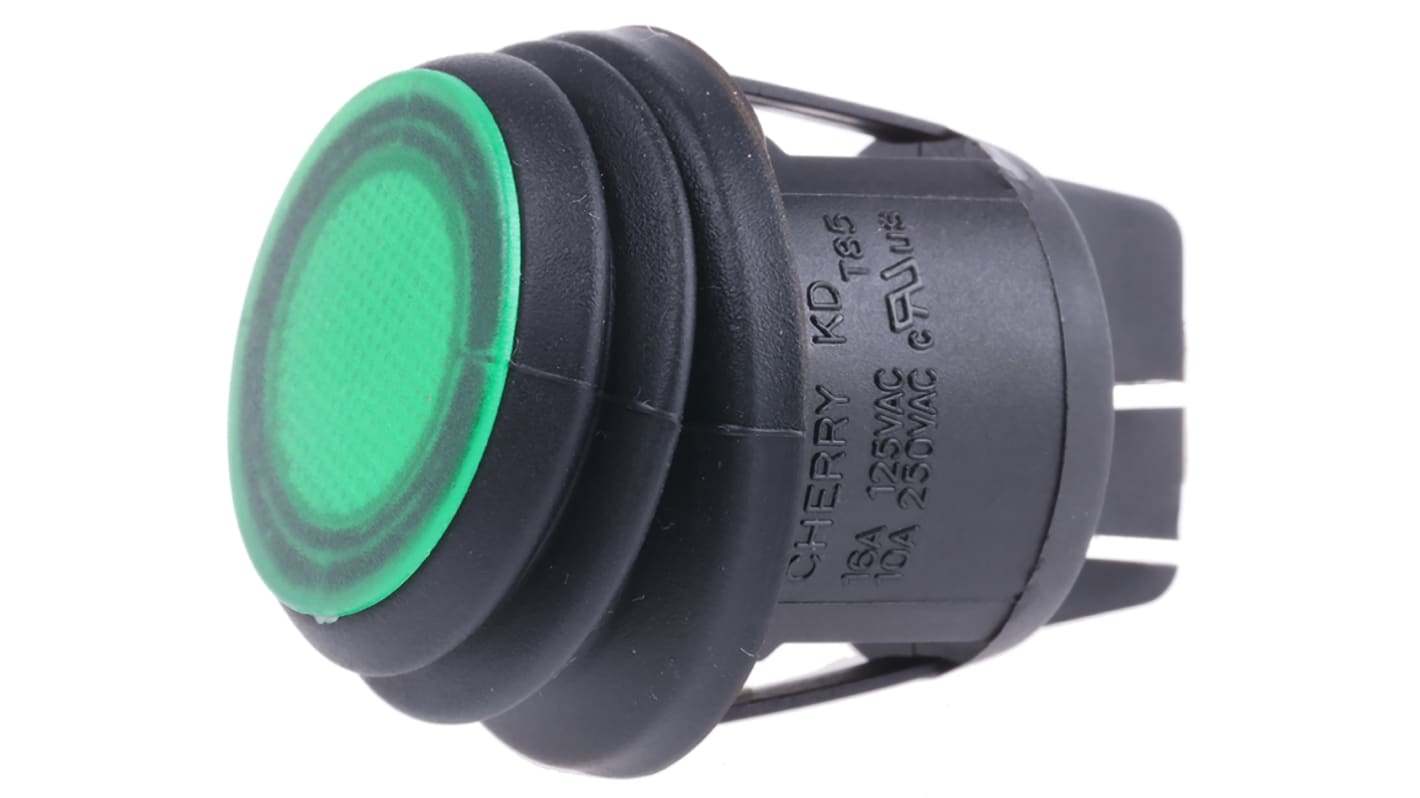 Interruptor de balancín, KDH3AEA2GBB, Contacto DPST, On-Off, 16 A, Iluminado, Verde, IP56