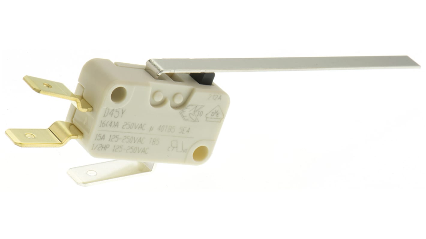Mikrokapcsoló SPDT, müködtető típusa: Hosszú levélkar, 250 V váltófeszültségen 16 A