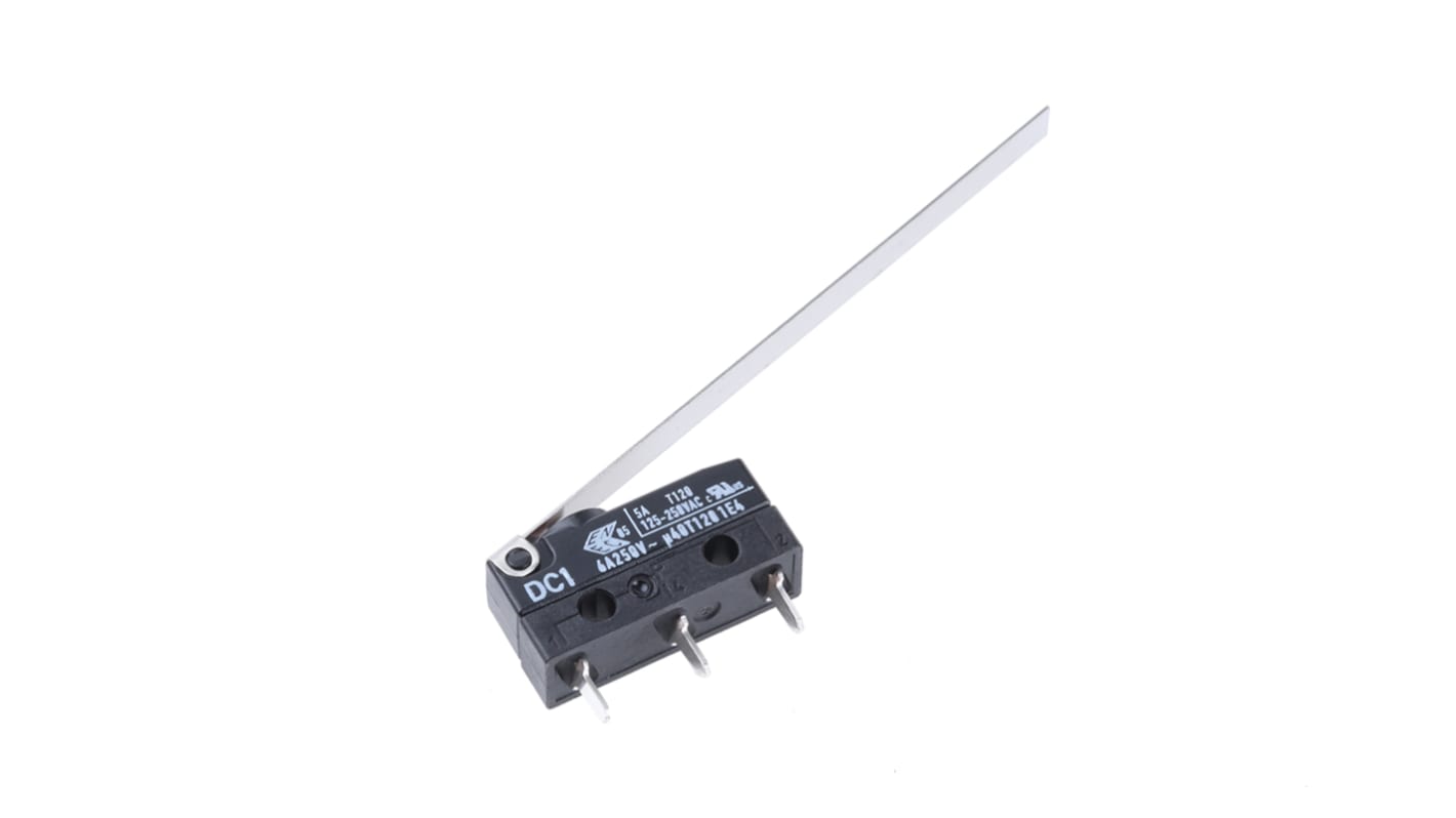 ZF Long Hinge Lever Micro Switch, PCB Terminal, 6 A @ 250 V ac, SPDT, IP6K7