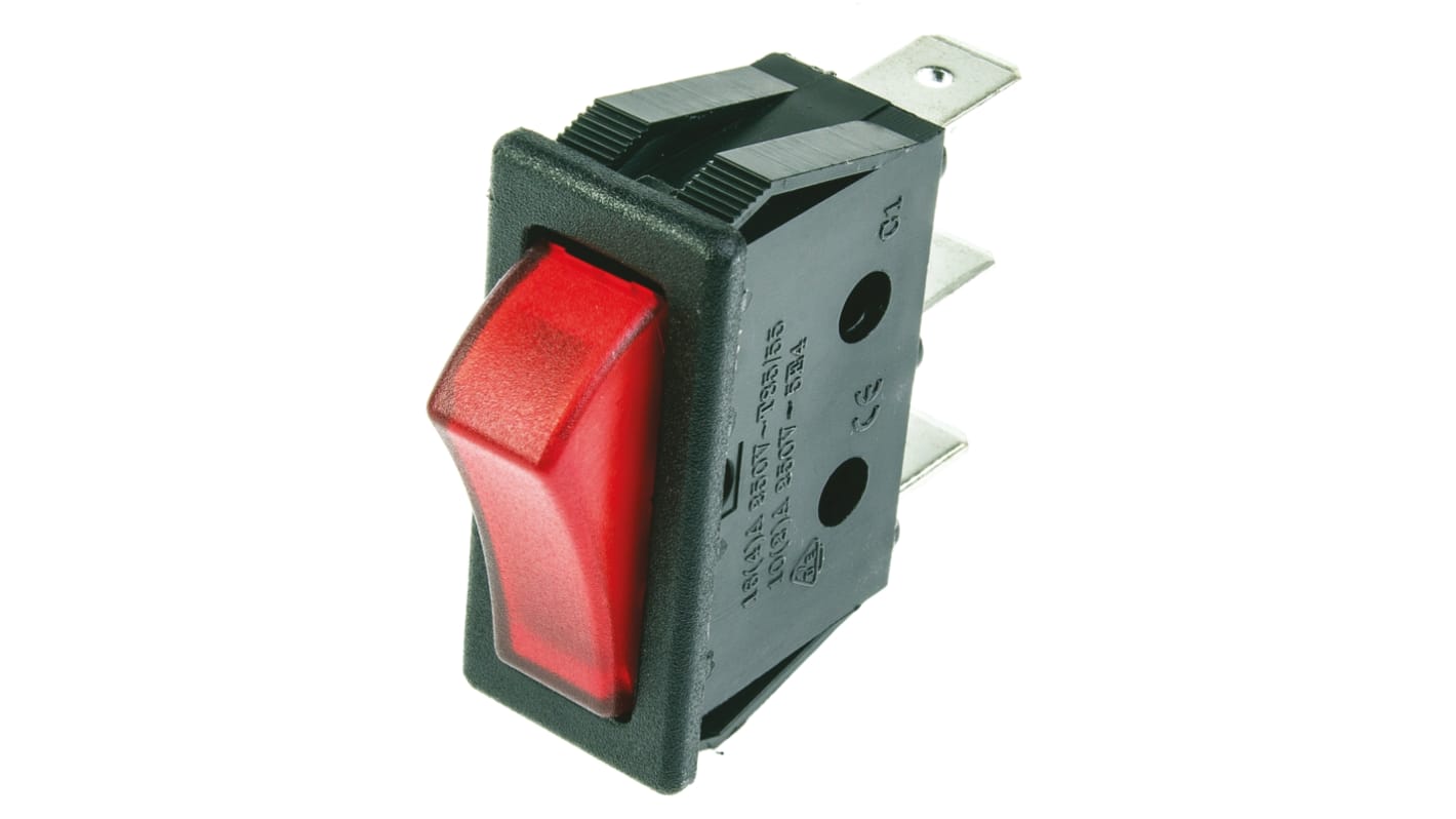 Kolébkový spínač osvětlený, barva ovladače: Červená SPST Zap-vyp 16 A