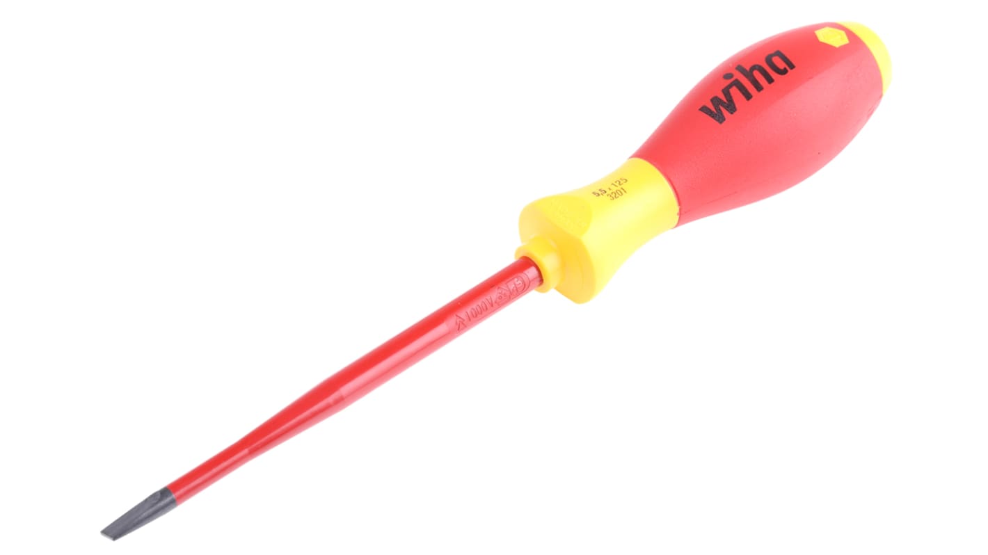 Wiha Slotted Insulated Screwdriver, 5.5 mm Tip, 125 mm Blade, VDE/1000V, 243 mm Overall