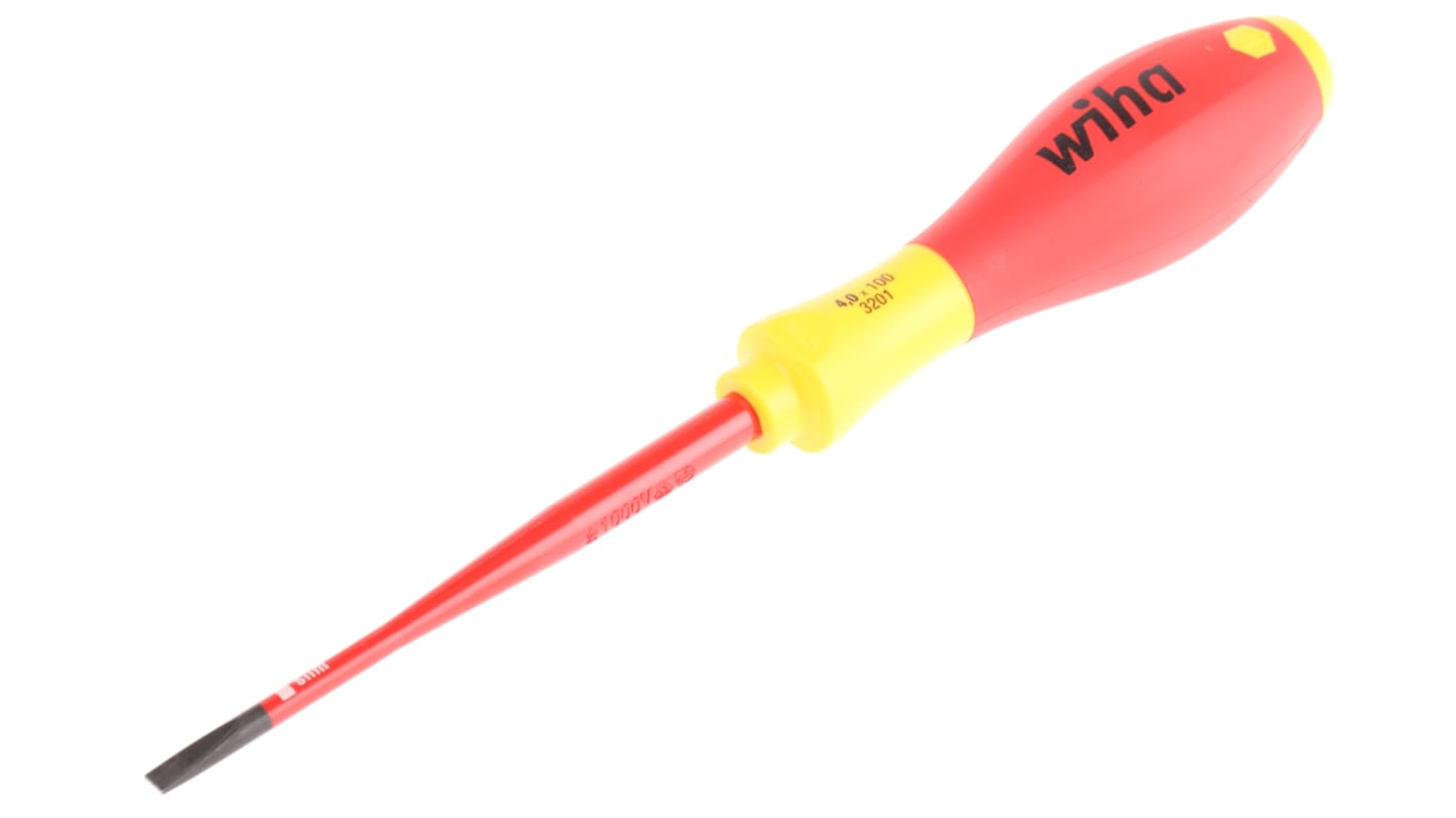 Wiha Slotted Insulated Screwdriver, 4 mm Tip, 100 mm Blade, VDE/1000V, 211 mm Overall