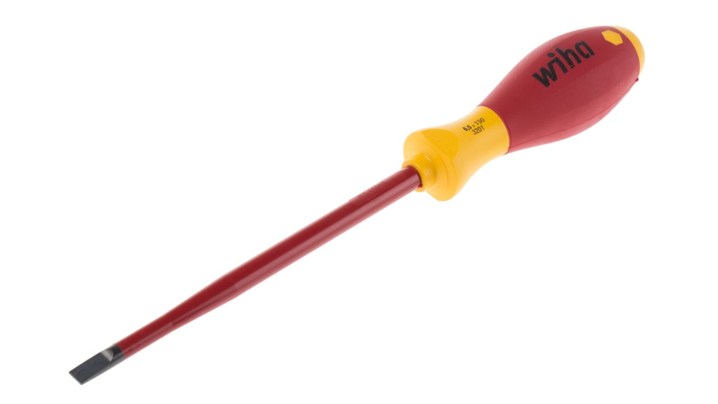 Wiha Slotted Insulated Screwdriver, 6.5 mm Tip, 150 mm Blade, VDE/1000V, 268 mm Overall