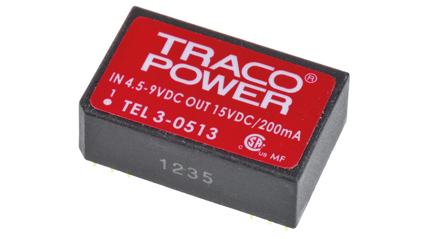 TRACOPOWER TEL 3 DC/DC-Wandler 3W 5 V dc IN, 15V dc OUT / 200mA Durchsteckmontage 1.5kV dc isoliert