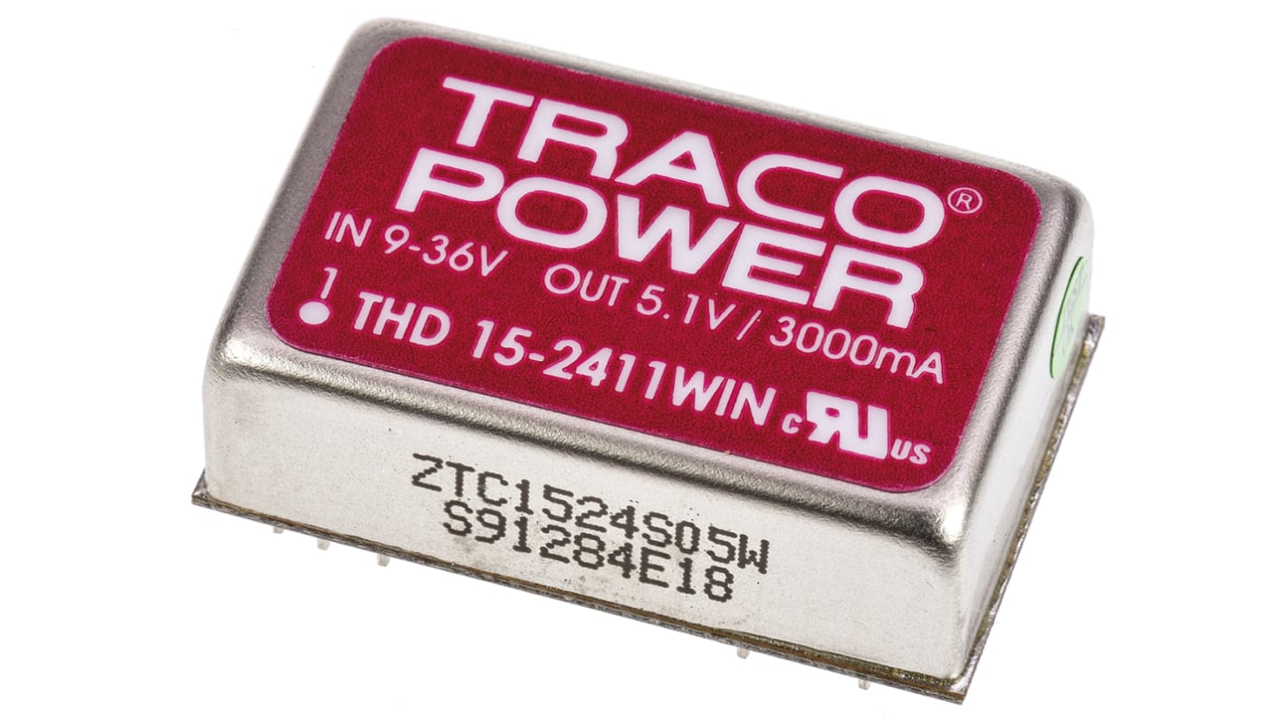 TRACOPOWER THD 15WIN DC-DC Converter, 5V dc/ 3A Output, 9 → 36 V dc Input, 15W, Through Hole, +85°C Max Temp