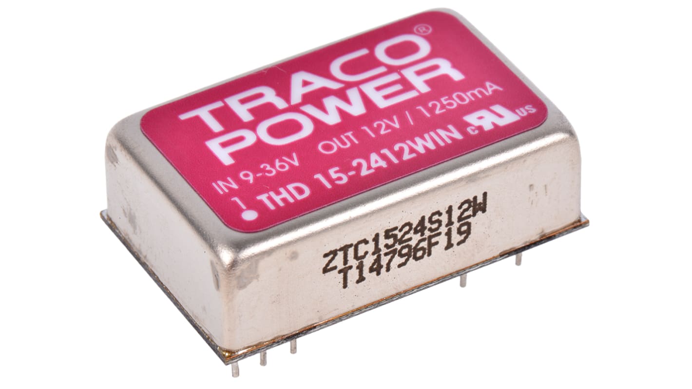 TRACOPOWER THD 15WIN DC/DC-Wandler 15W 24 V dc IN, 12V dc OUT / 1.25A Durchsteckmontage 1.5kV dc isoliert