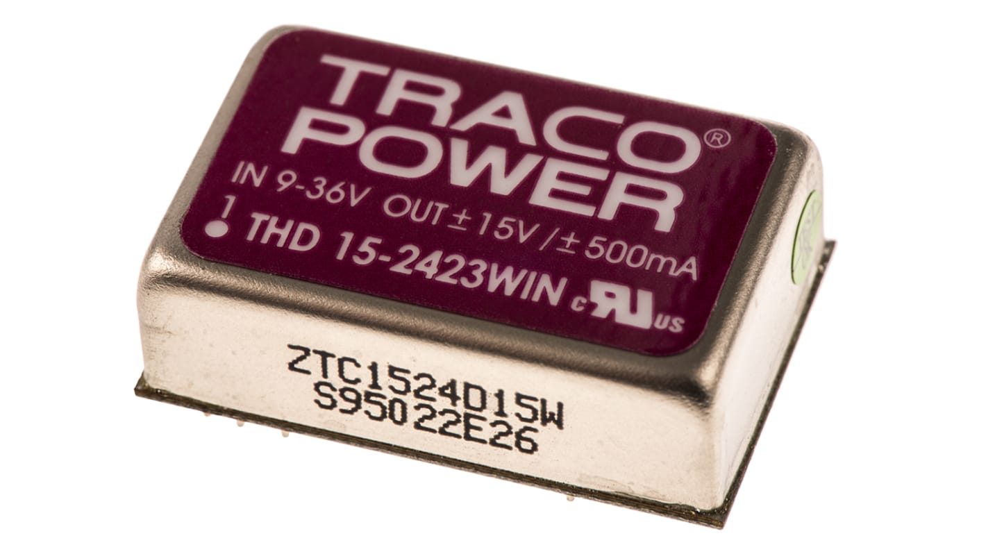 TRACOPOWER THD 15WIN DC-DC Converter, ±15V dc/ ±500mA Output, 9 → 36 V dc Input, 15W, Through Hole, +85°C Max