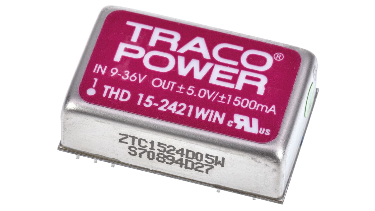 Convertisseur DC-DC TRACOPOWER, THD 15WIN, Montage traversant, 15W, 2 sorties, ±5V c.c., ±1.5A