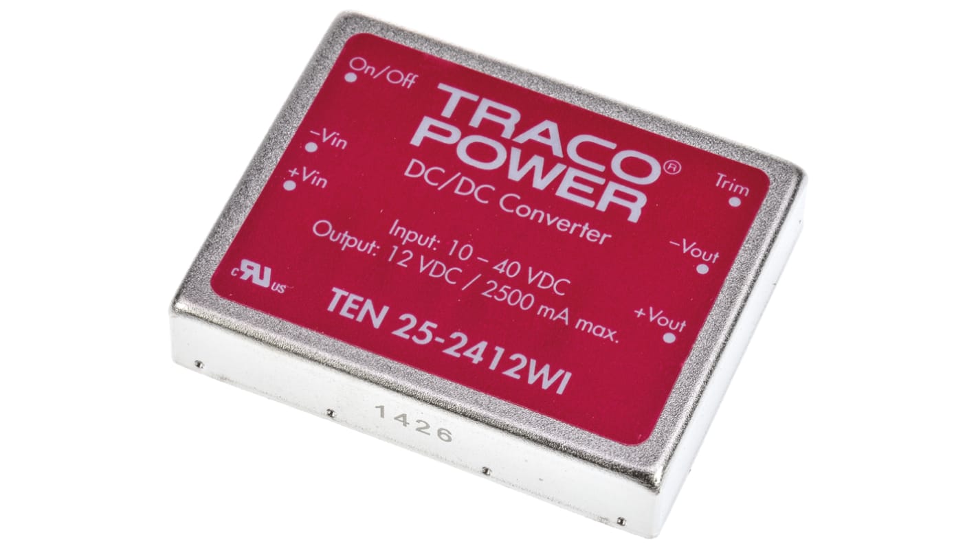 TRACOPOWER TEN 25WI DC-DC Converter, 12V dc/ 2.5A Output, 10 → 40 V dc Input, 25W, Through Hole, +85°C Max Temp