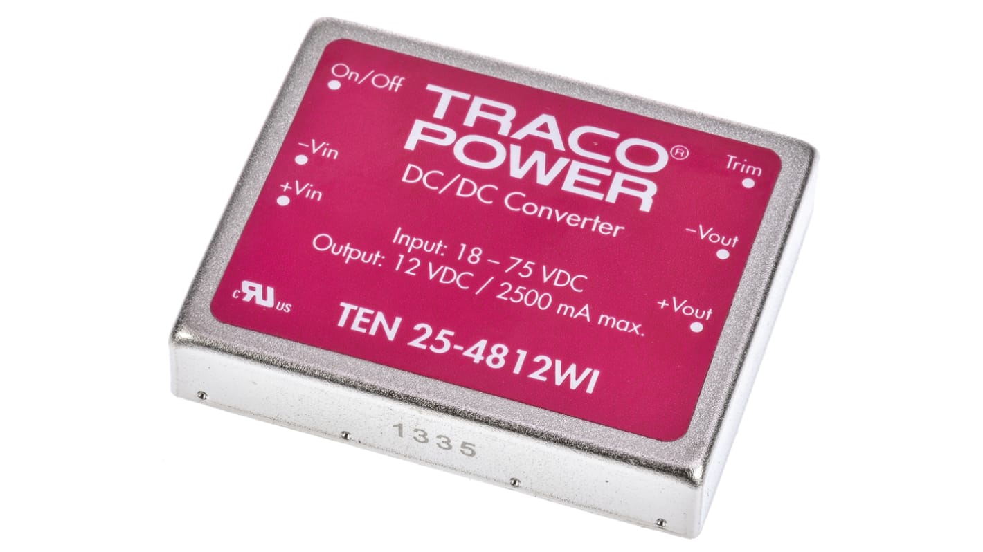 TRACOPOWER TEN 25WI DC-DC Converter, 12V dc/ 2.5A Output, 18 → 75 V dc Input, 25W, Through Hole, +85°C Max Temp